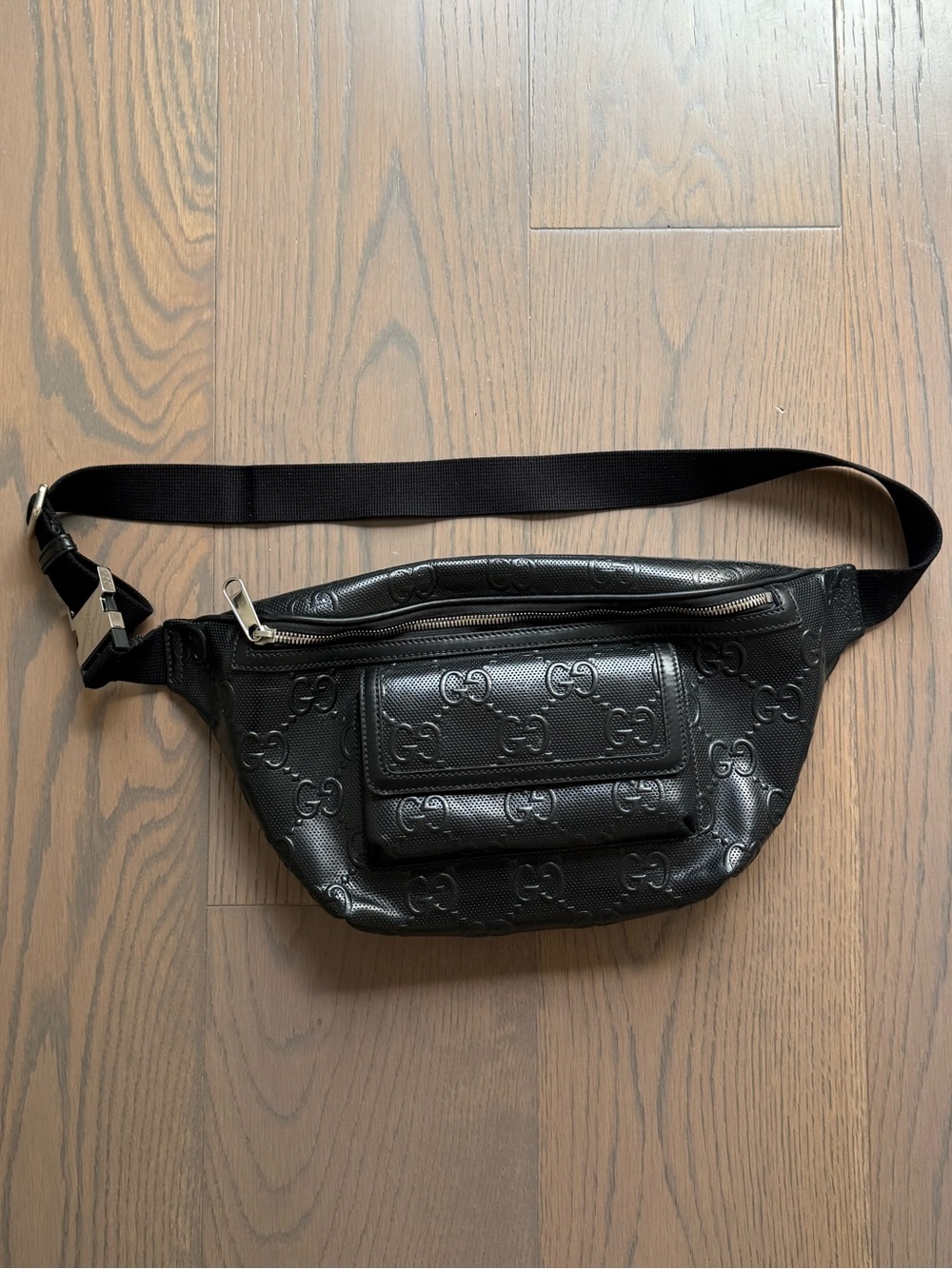 Gucci Black Embossed GG Leather Belt Bag with Silver Hardware